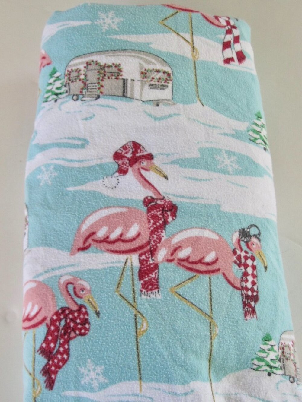 Vintage NIck & Nora Pink Flamingo Airstream Christmas Flannel Sheet Twin